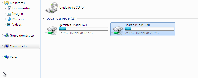 tela principal de local de rede do windows. pasta de compartilhamento mapeada