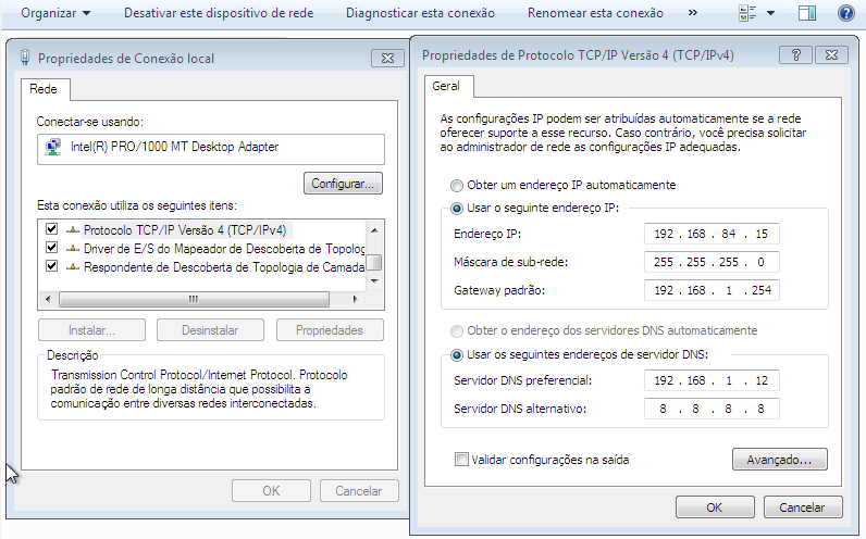 samba - configuração de ip e dns do windows